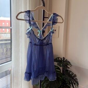 Vintage Victoria’s Secret Sheer Babydoll Slip Y2K Blue with Mint Trim
